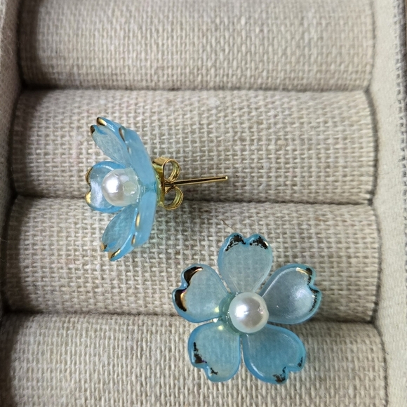 Blue and Gold Floral Earrings - Picture 2 of 4